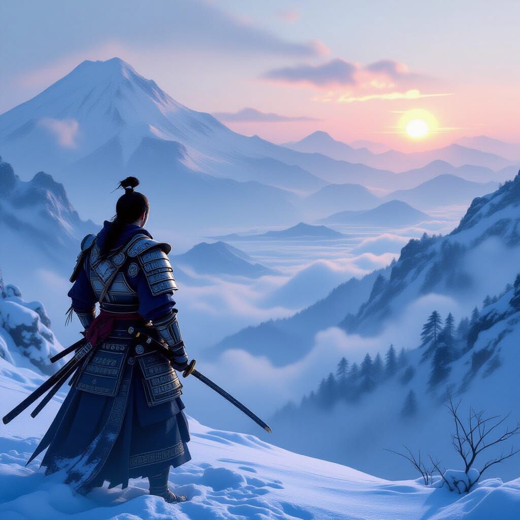 Lone Samurai Warrior on Snow Mountain in Japanese Art Style
