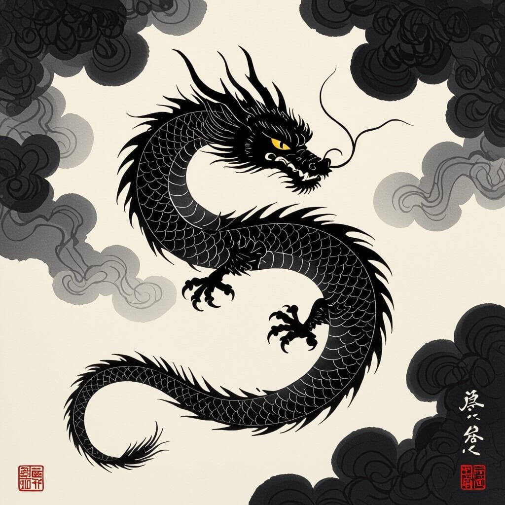 Ink Dragon Spiraling Through Sky in Sumi-e Style