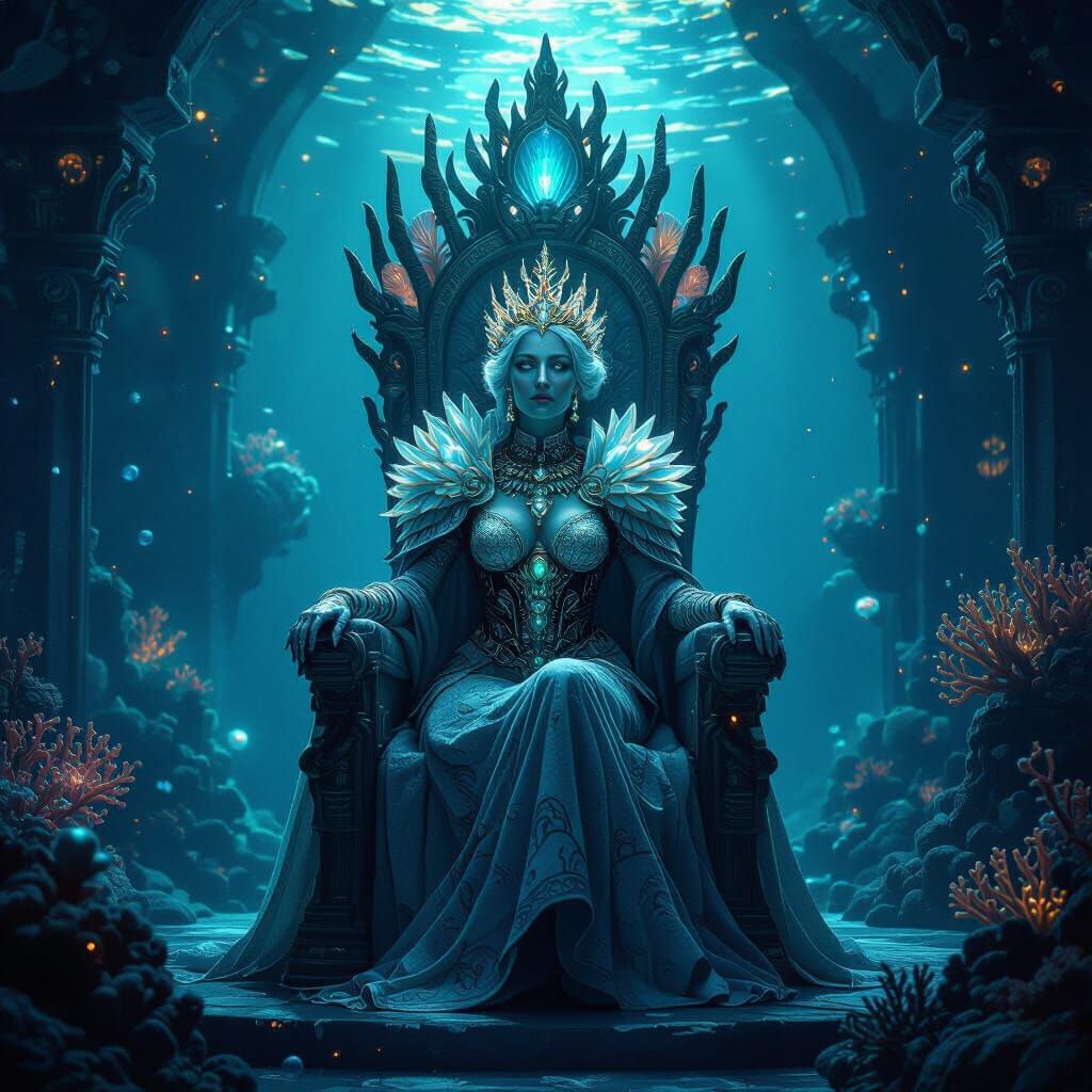 Wise Undersea Queen in Bioluminescent Coral Armor