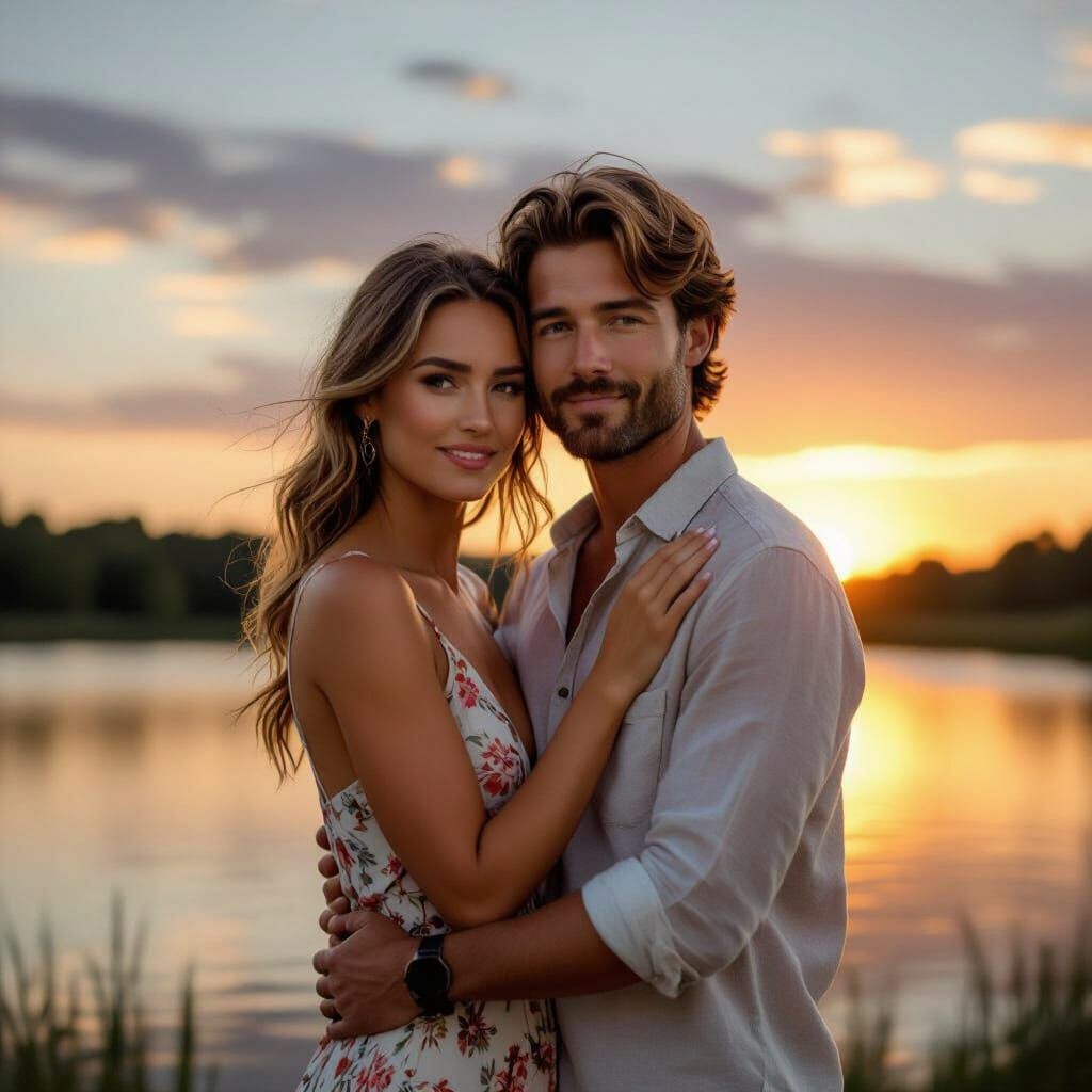 Romantic Lakeside Sunset Embrace: Dreamy Art Style
