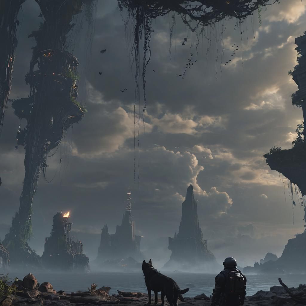 Man and Dog Overlook Toxic Ocean in 3D