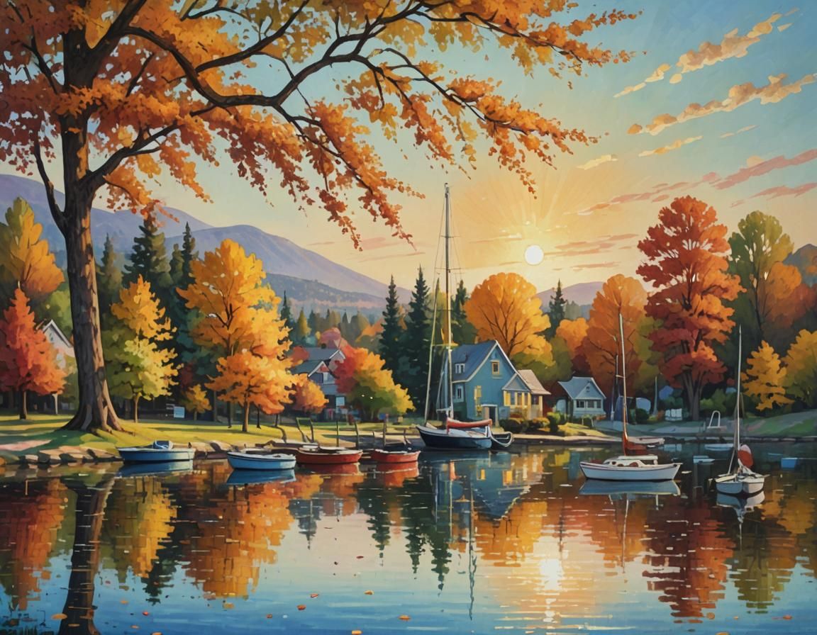 Impressionist Village on Lake in Autumn Colors