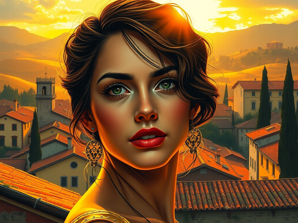 Golden Lit Woman in Tuscan Village Concept Art