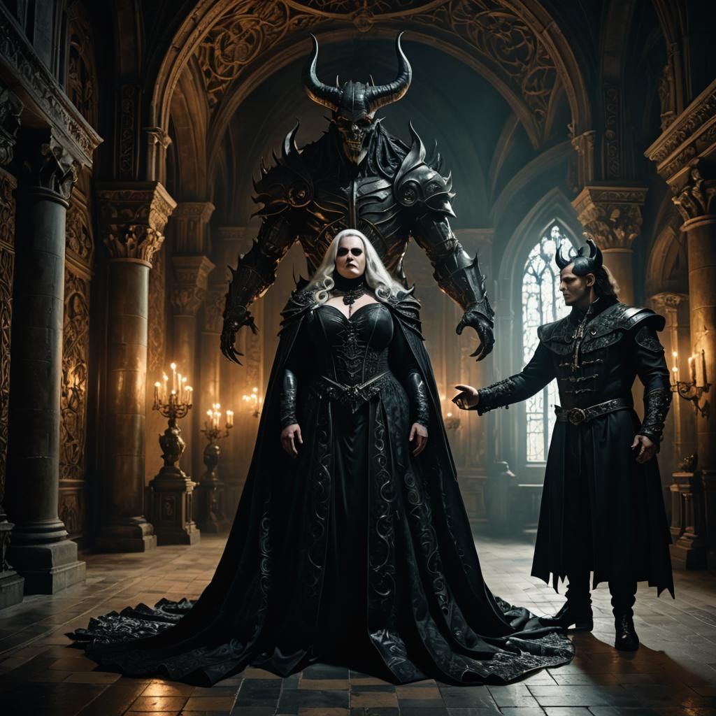 Gothic Fantasy: Woman and Devil in Castle Room