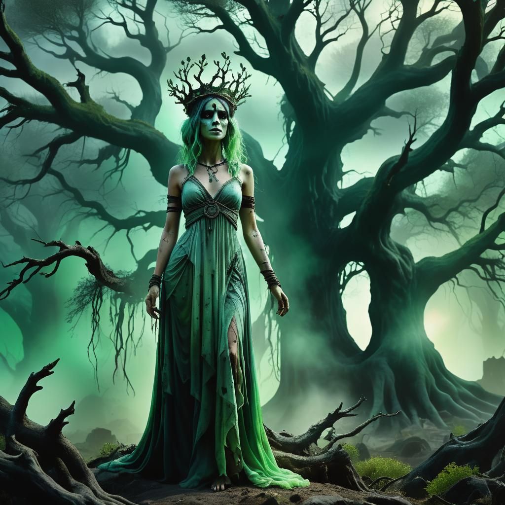 Undead Tree Goddess in Dreamlike Landscape