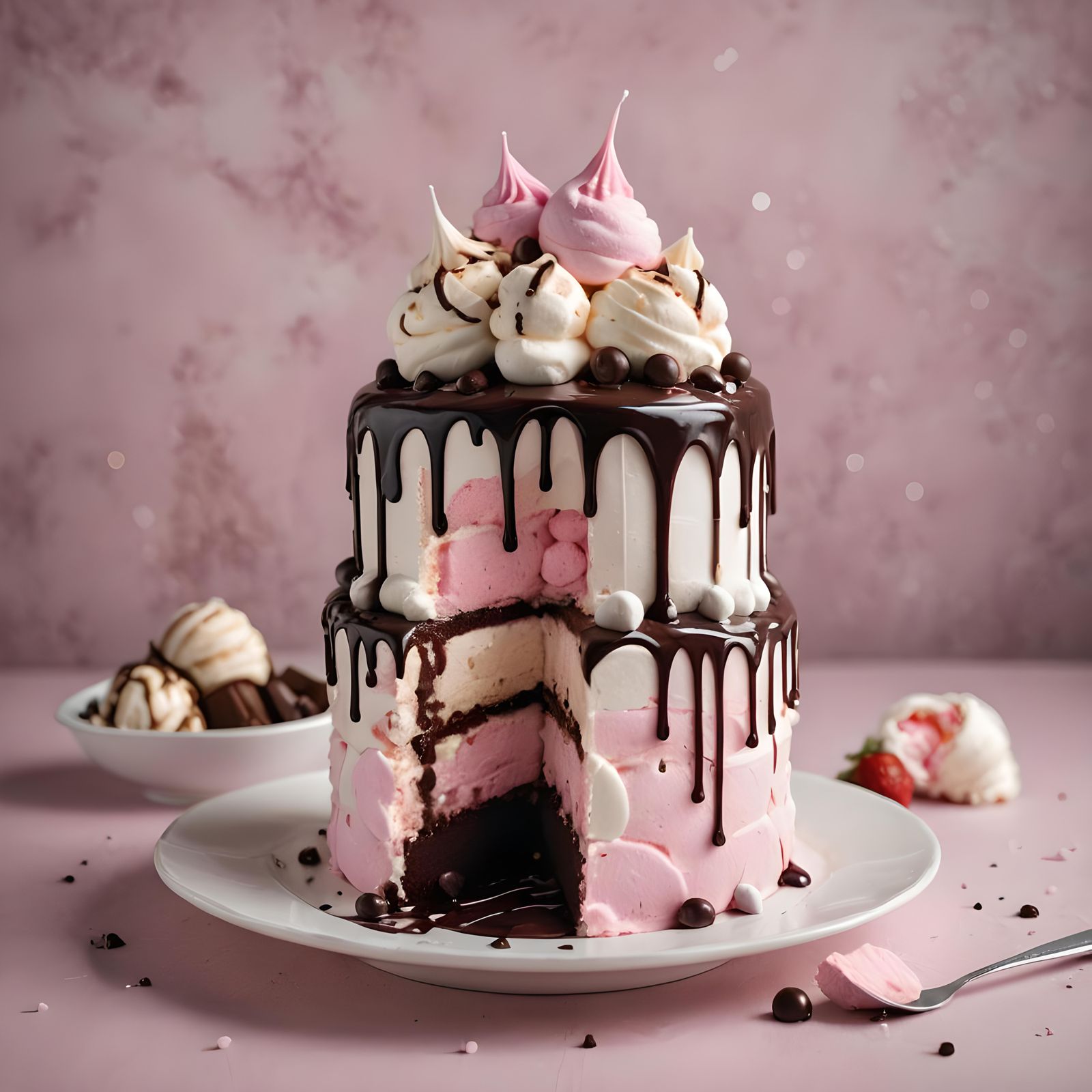 Marshmallow Ice Cream Cake with Chocolate Syrup