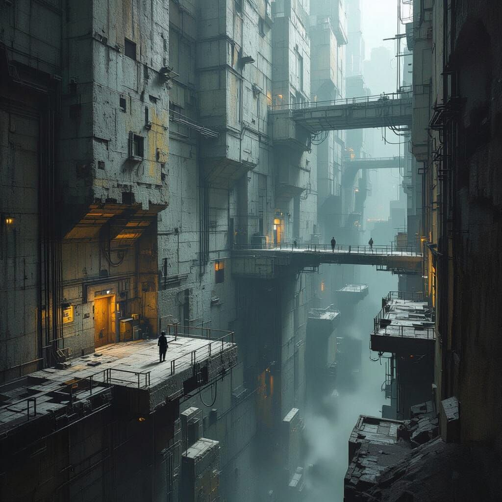 Dystopian Urban Canyon with Towering Grimy Walls