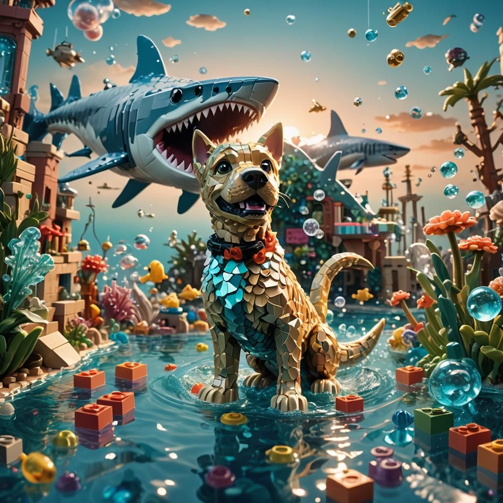 Aquatic Lego Shark-Dog-Cat Hybrid in Fantasy Art
