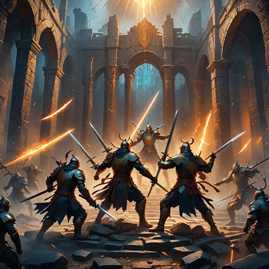 Mystical Arena Sword Fight in Oil Painting Style