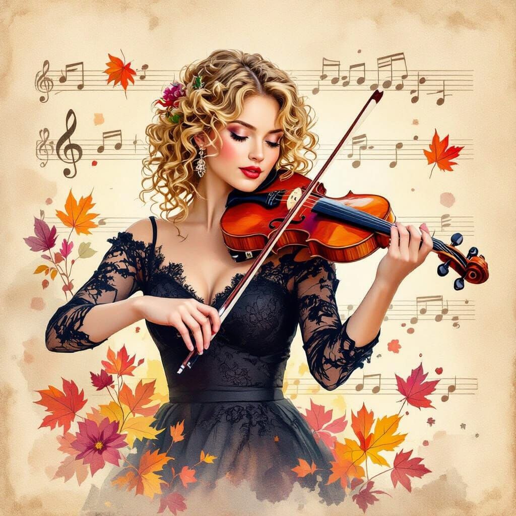 Autumnal Violinist in Art Nouveau Painterly Style
