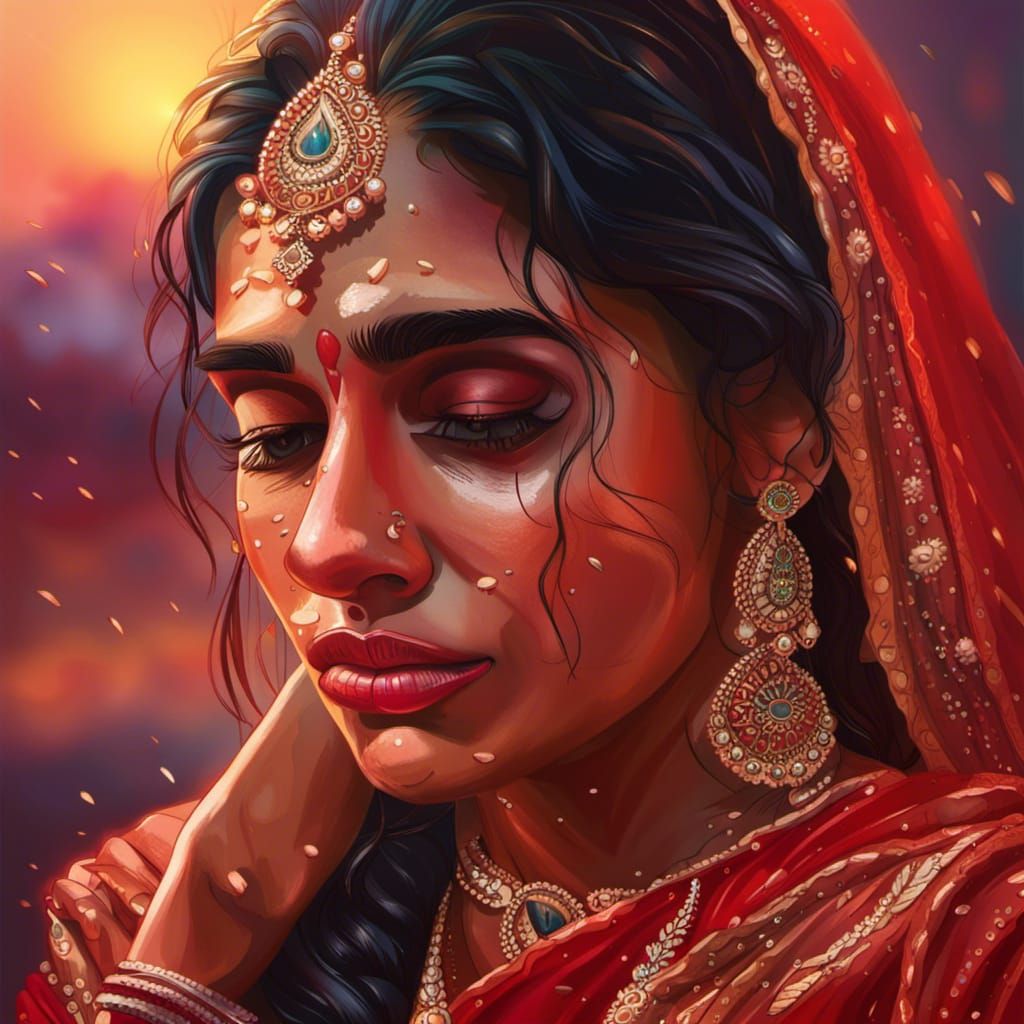 Sad Indian Bride in Red Saree at Sunset