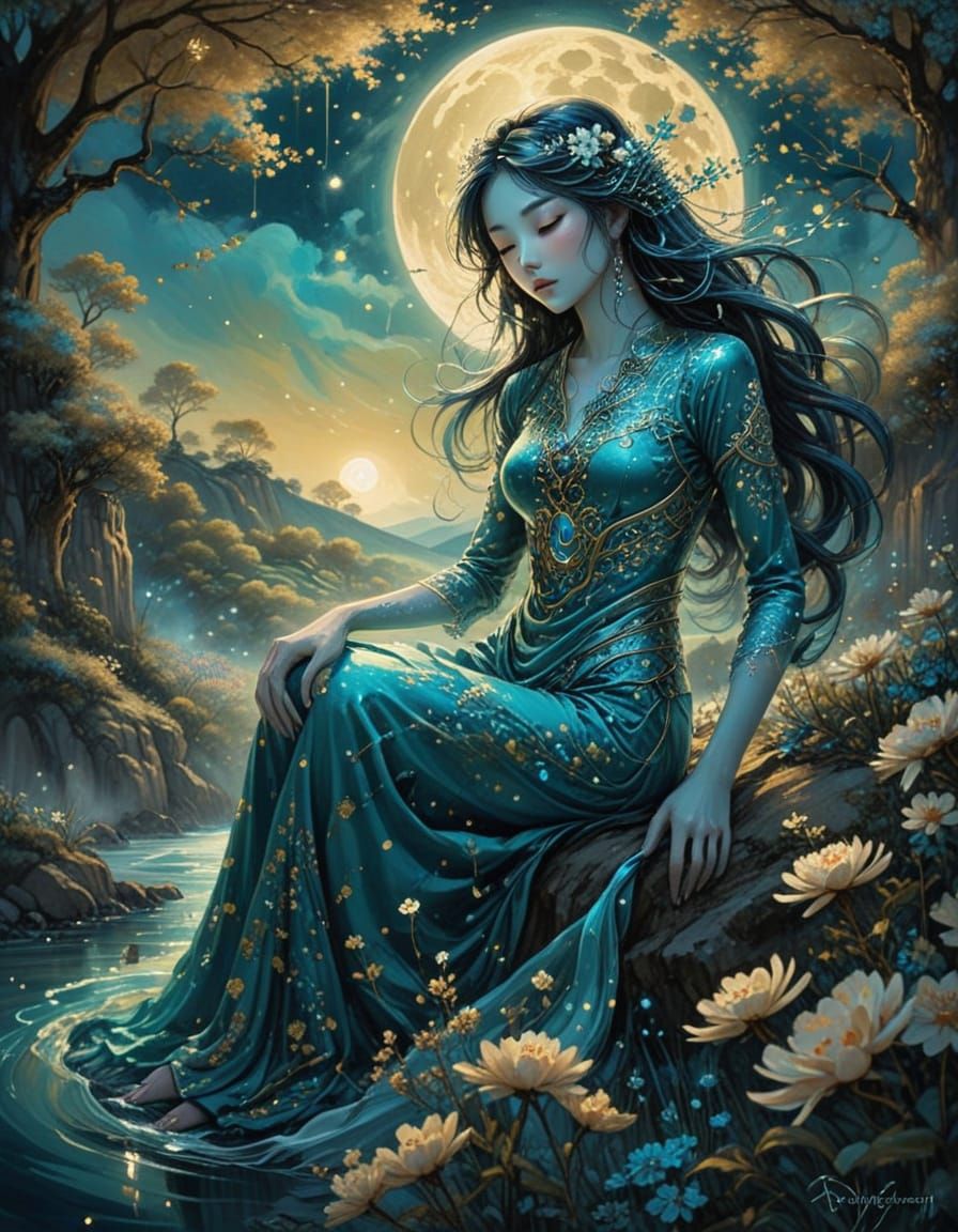 Surreal Manga-Inspired Moonlit Landscape in Whimsical Ink