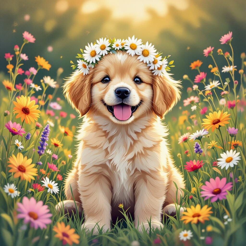 Golden Retriever Puppy with Daisy Crown, Pastel Illustration