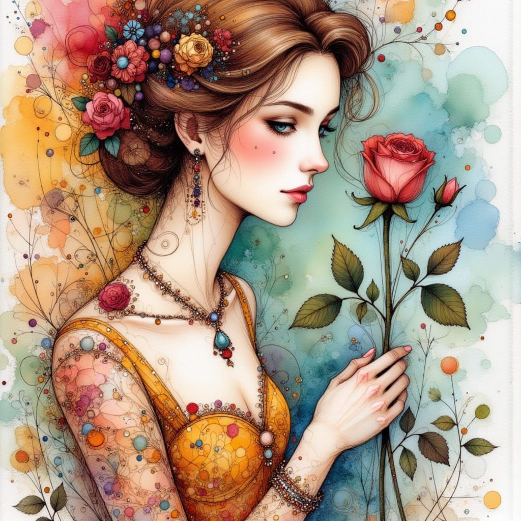 Intricate Pen and Ink Drawing of Belle with Rose