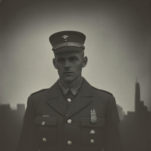 Soldier Portrait with 1930s Cityscape, Vintage Style
