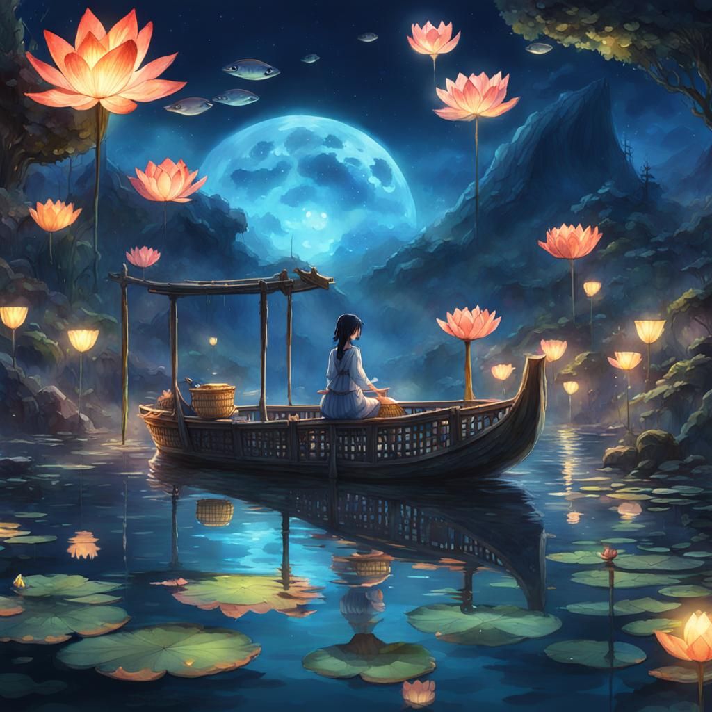 Anime Watercolor Landscape with Magic Water Lilies