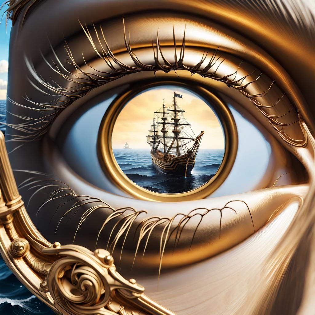 Eye Reflecting Golden Ship: Photorealistic Fantasy Art
