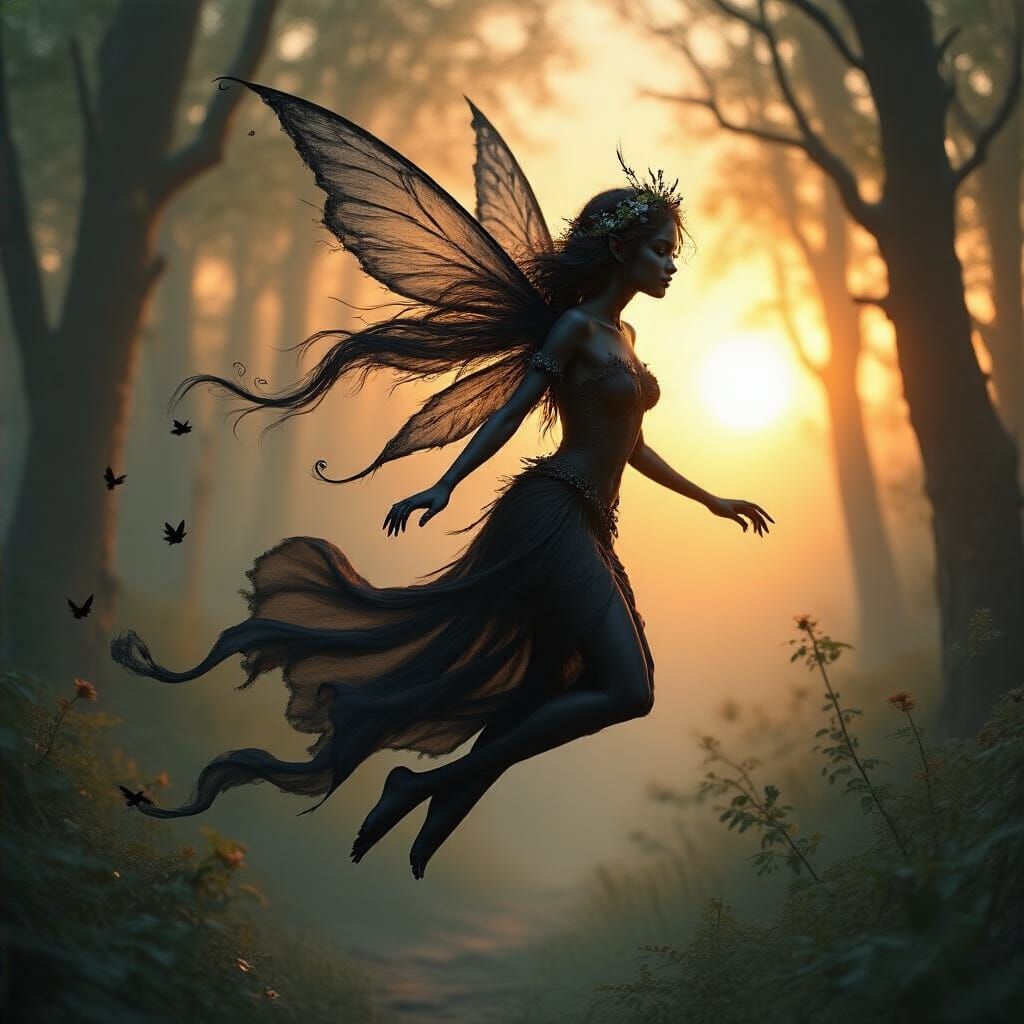 Shadow Fairy Flying Through Forest at Sunset