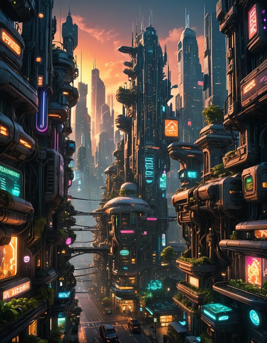 Biopunk Cityscape with Bioluminescent Flora and Modified Cre...