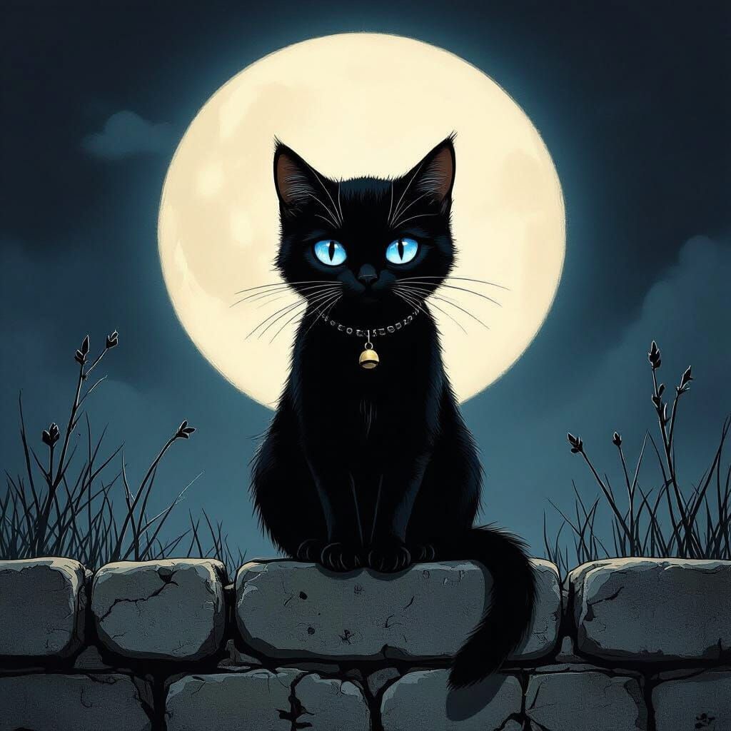 Black Cat Under Moon in Gothic Romantic Style