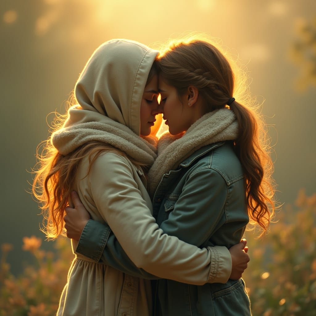 Gentle Hug in Golden Light: Impressionistic Embrace