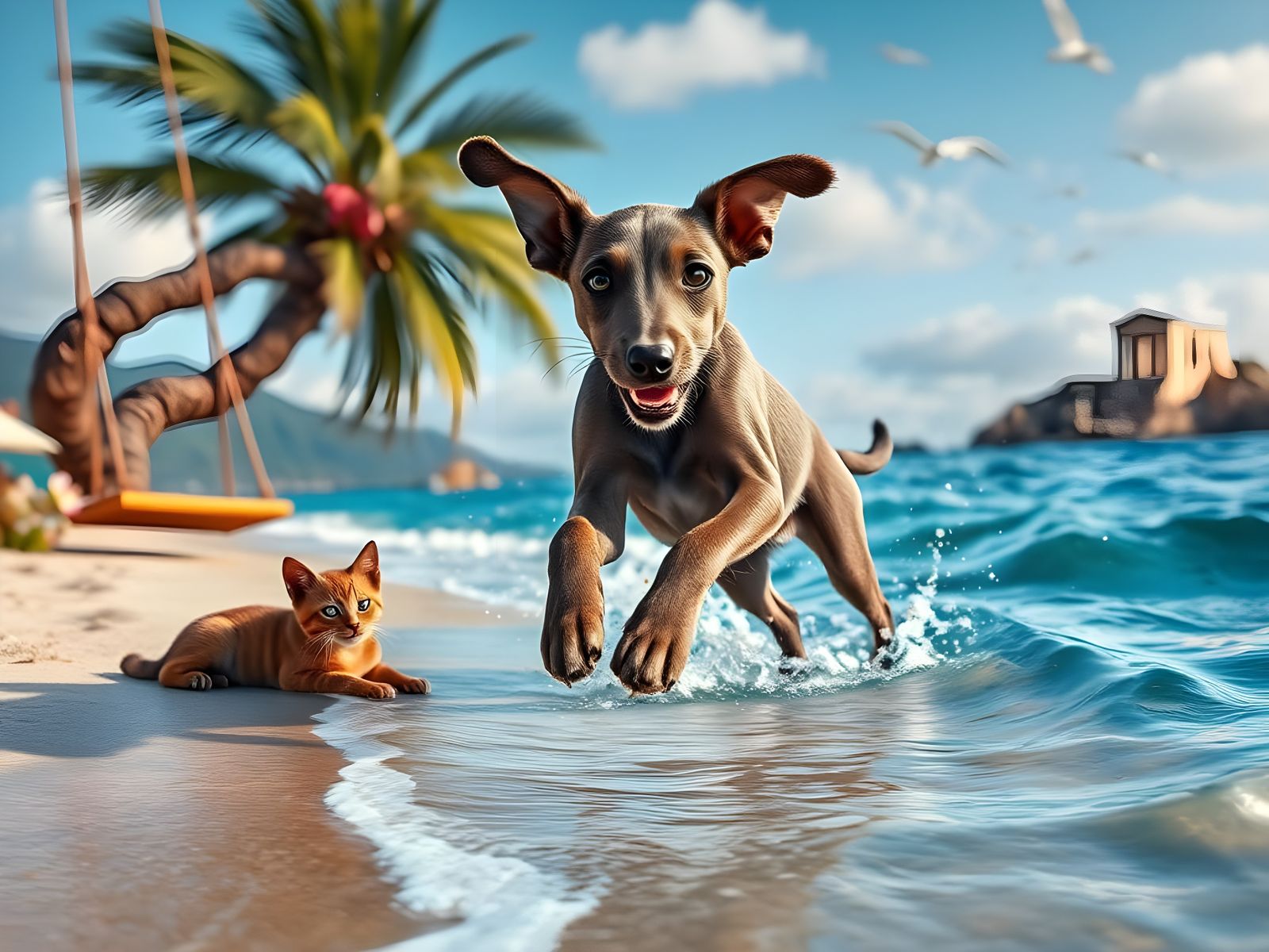 Joyful Greyhound Puppy Plays with a Sleeping Ginger Cat on a...