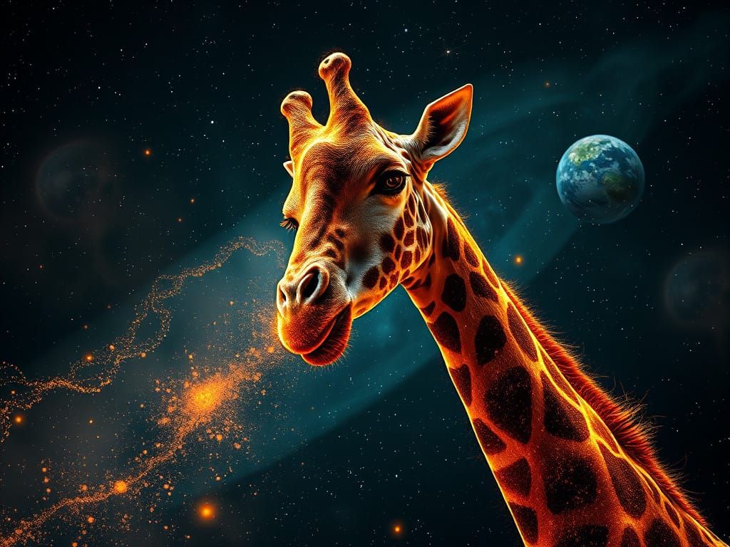 Cosmic Energy Entity Travels Space as Vibrant, Surreal Giraf...