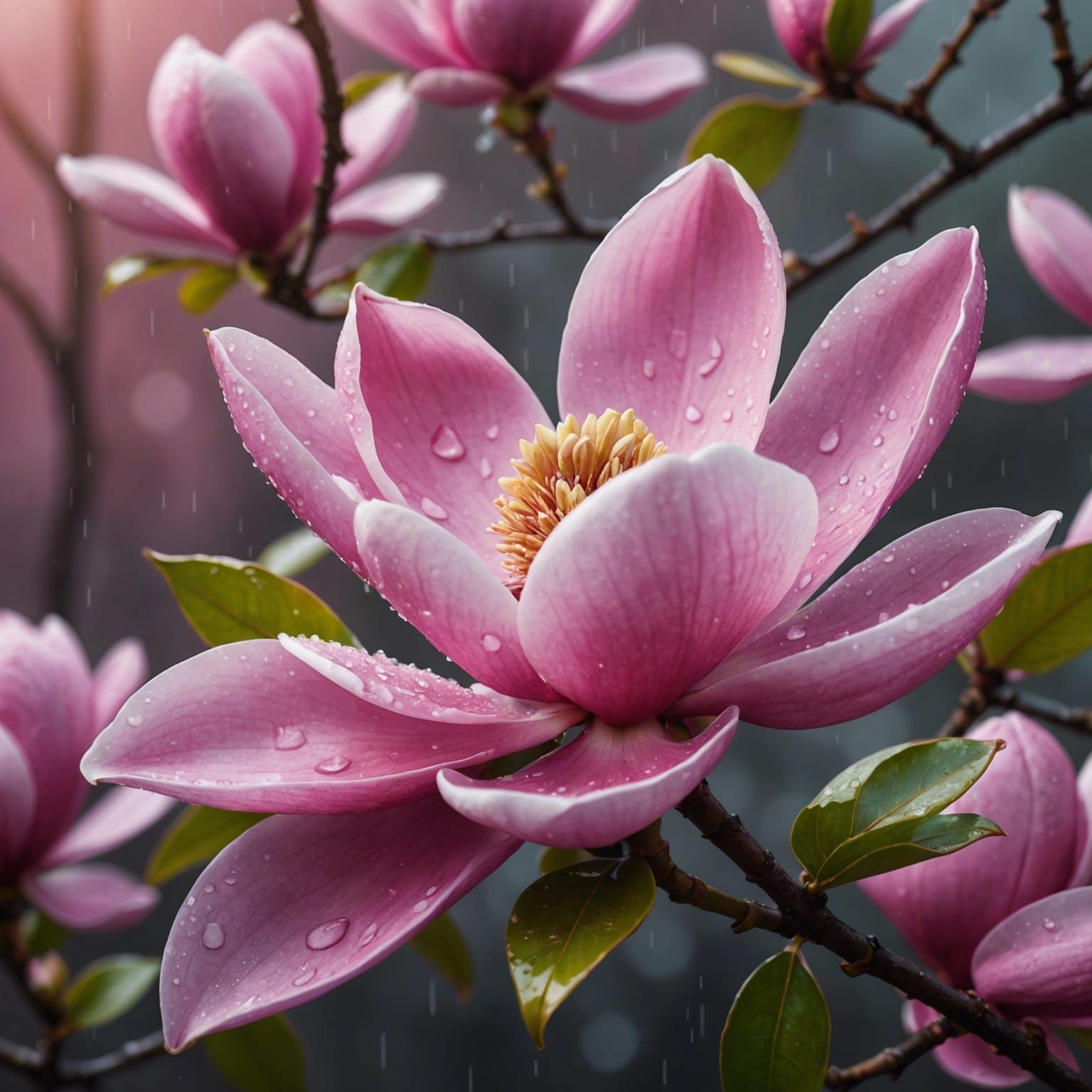Pink Magnolia in Hyperrealistic Splash Art Style