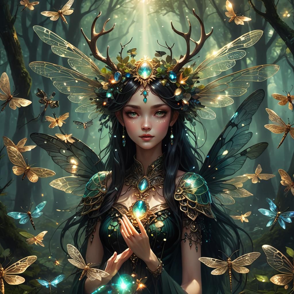 Antlered Goddess in Dark Forest with Dragonflies