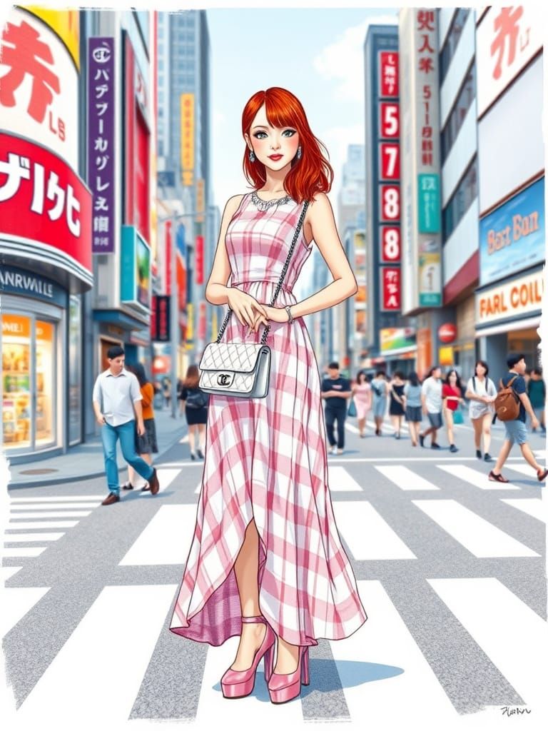 Japanese Woman in Pink Dress, Colored Pencil Fashion Sketch