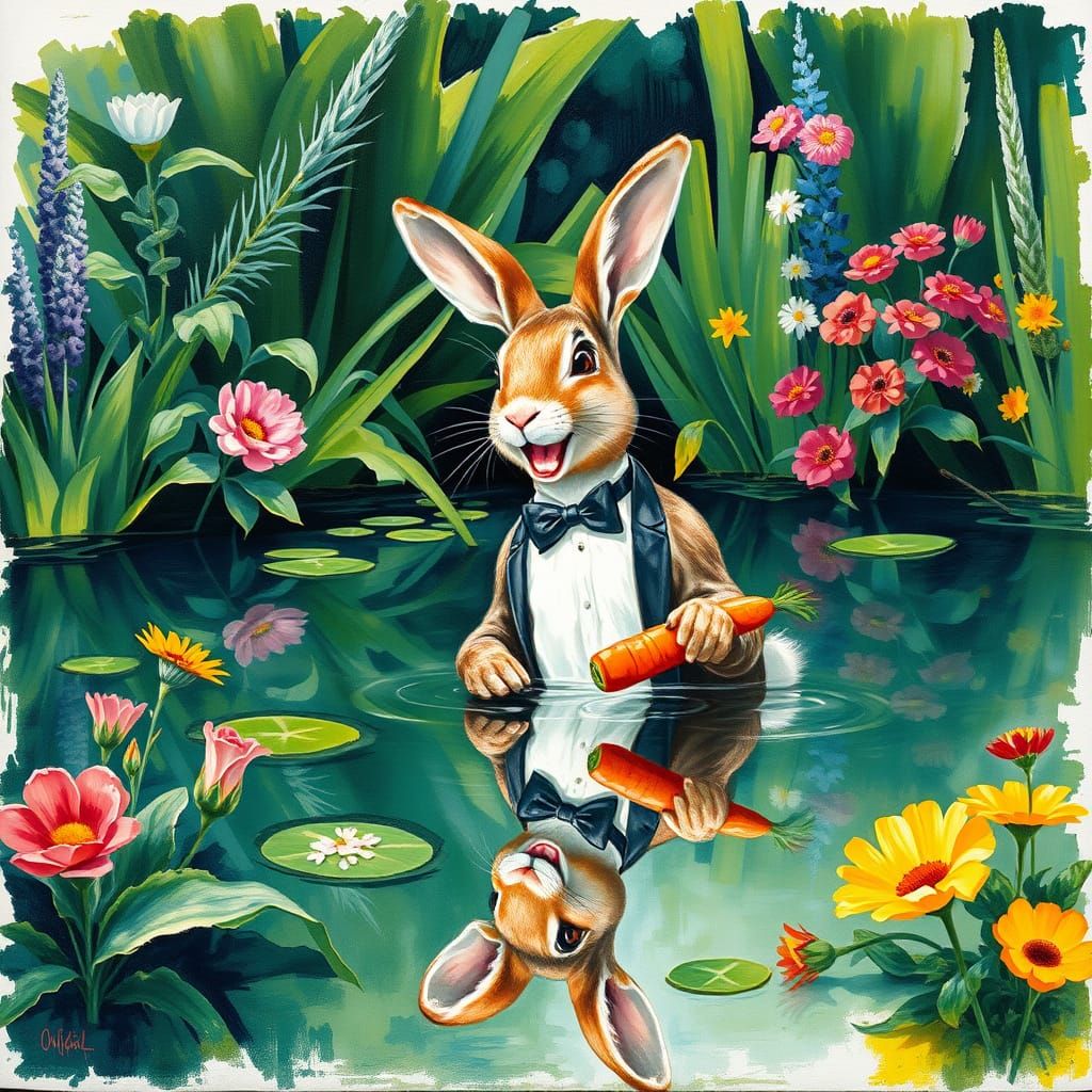 Laughing Bunny in Gouache Style by Pond
