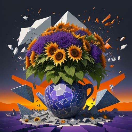 Surreal Giant Sunflowers on Broken Pottery in Cubist Sky