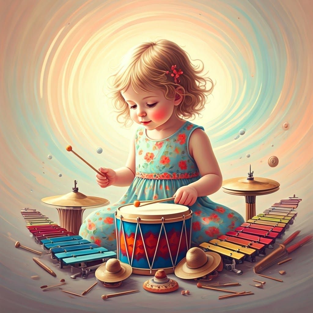 Child Drumming on Colorful Miriam Drum as Impressionistic Pa...