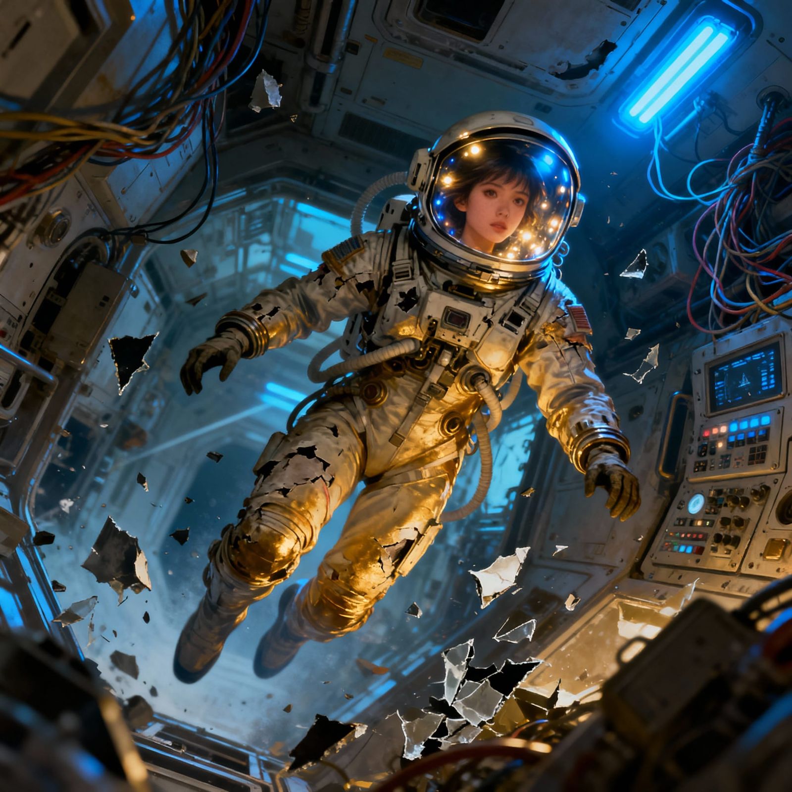 Female Astronaut Stranded in Damaged Spaceship Sci-Fi Art