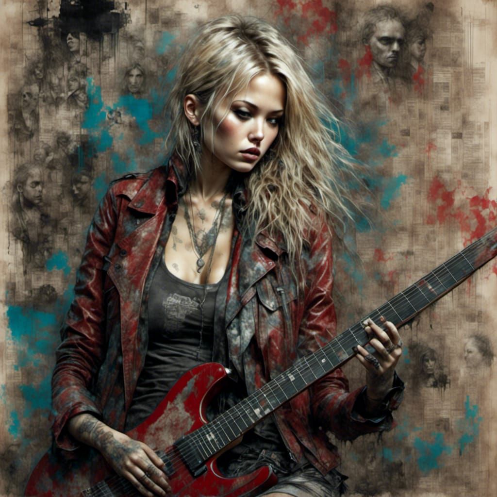 Grunge Punk Teen Girl Guitarist in Splash Art Style