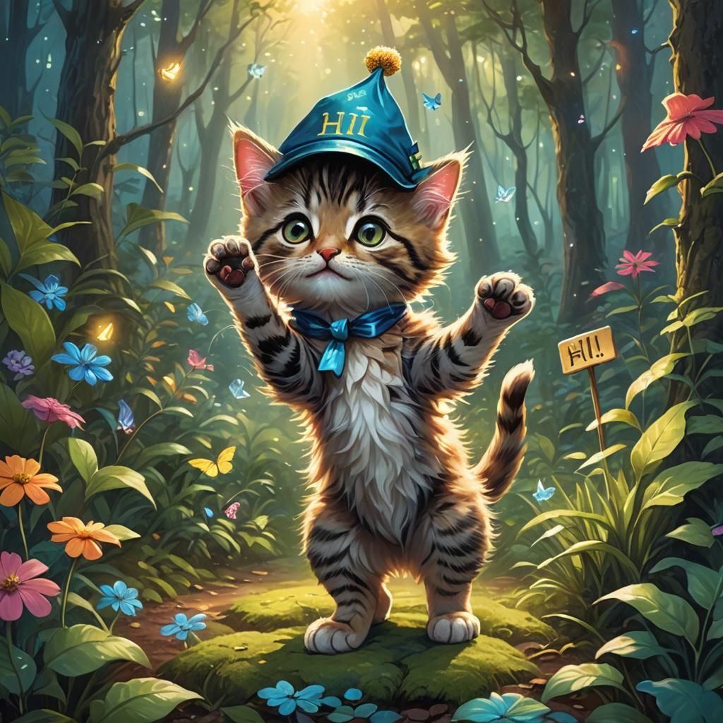 Kitten Says Hi in Enchanted Forest Oil Painting
