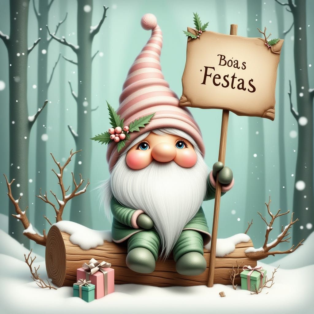 Adorable Winter Gnome Holding "Boas Festas" Sign