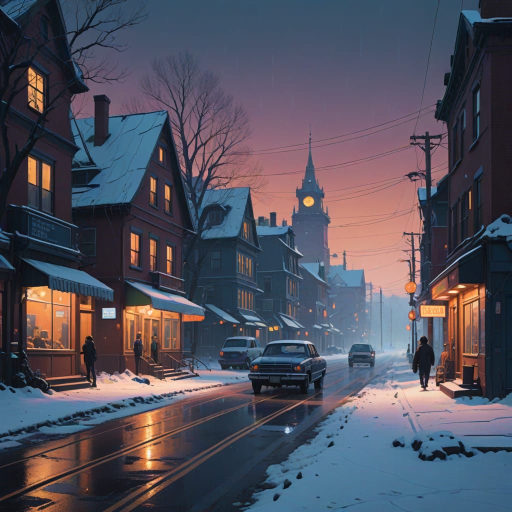 Winter Evening Rush in Vibrant Fantasy Architecture