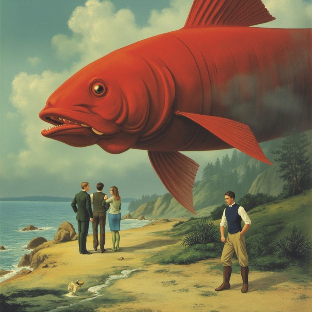 Mysterious Woman Leads Men to a Vibrant Red Fish Structure i...