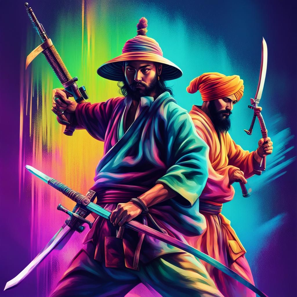 Samurai vs. Sikh: Neon Realism Futuristic Battle