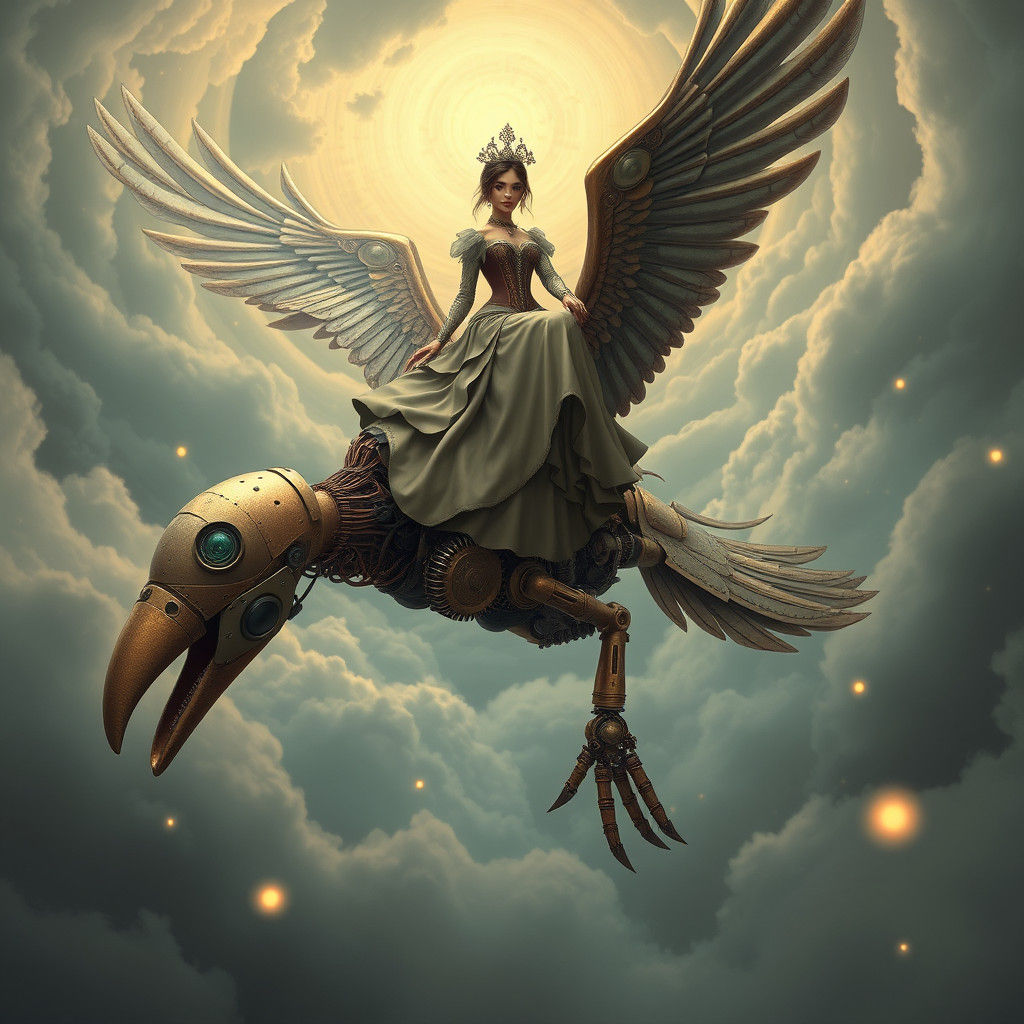 Victorian Woman Rides Mechanical Bird Robot