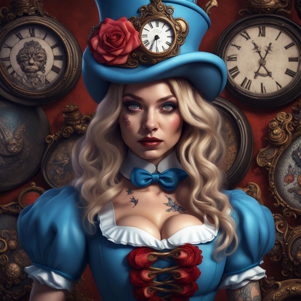 Tattooed Alice in Wonderland Pinup: Hyperrealistic Art