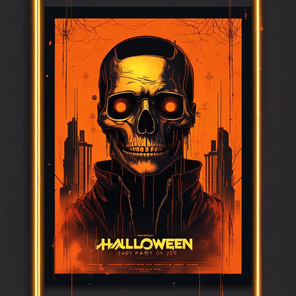 Halloween Cyberpunk Poster with Skull and Neon Details