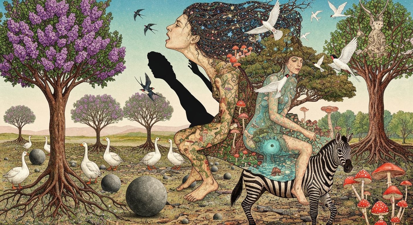 Goddess of Life Rides Zebra Through Cosmic Surreal Landscape