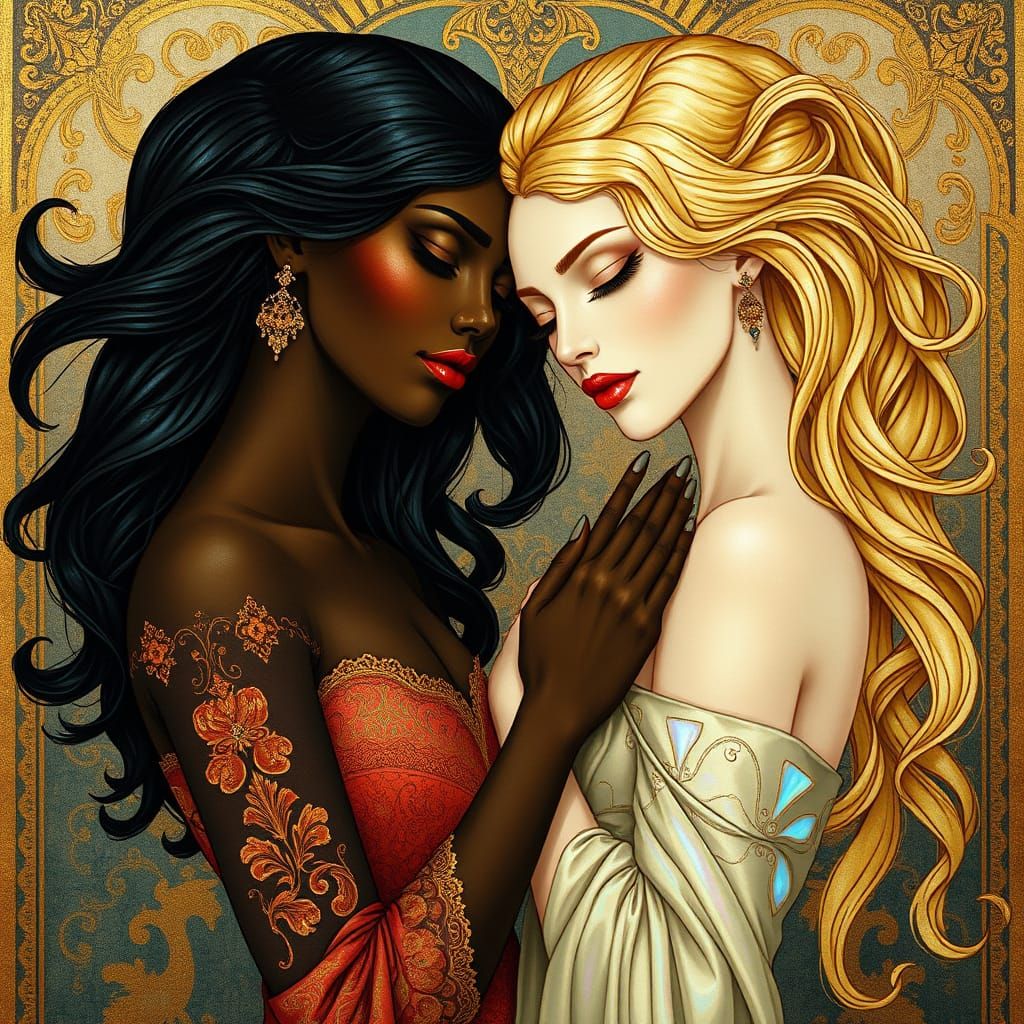 Art Nouveau Masterpiece: Elegant Women Embrace in Klimt Styl...