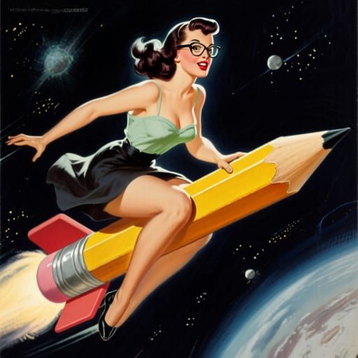 50s Pin-Up Model Rides Giant Pencil Rocket Through Space