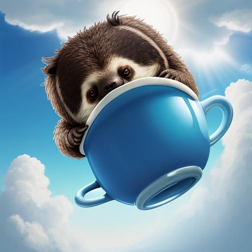 whimsical illustration of a sloth sitting on a blue and white cloud, drinking from a cup. The sloth is wearing a pink ho...