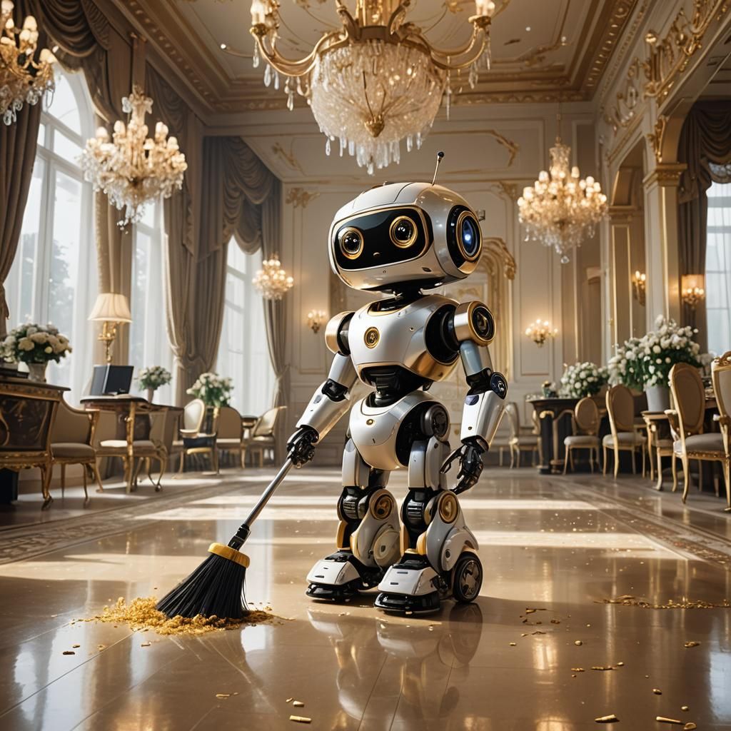 Tiny Robot Sweeping Ballroom, Photorealistic 8K Art