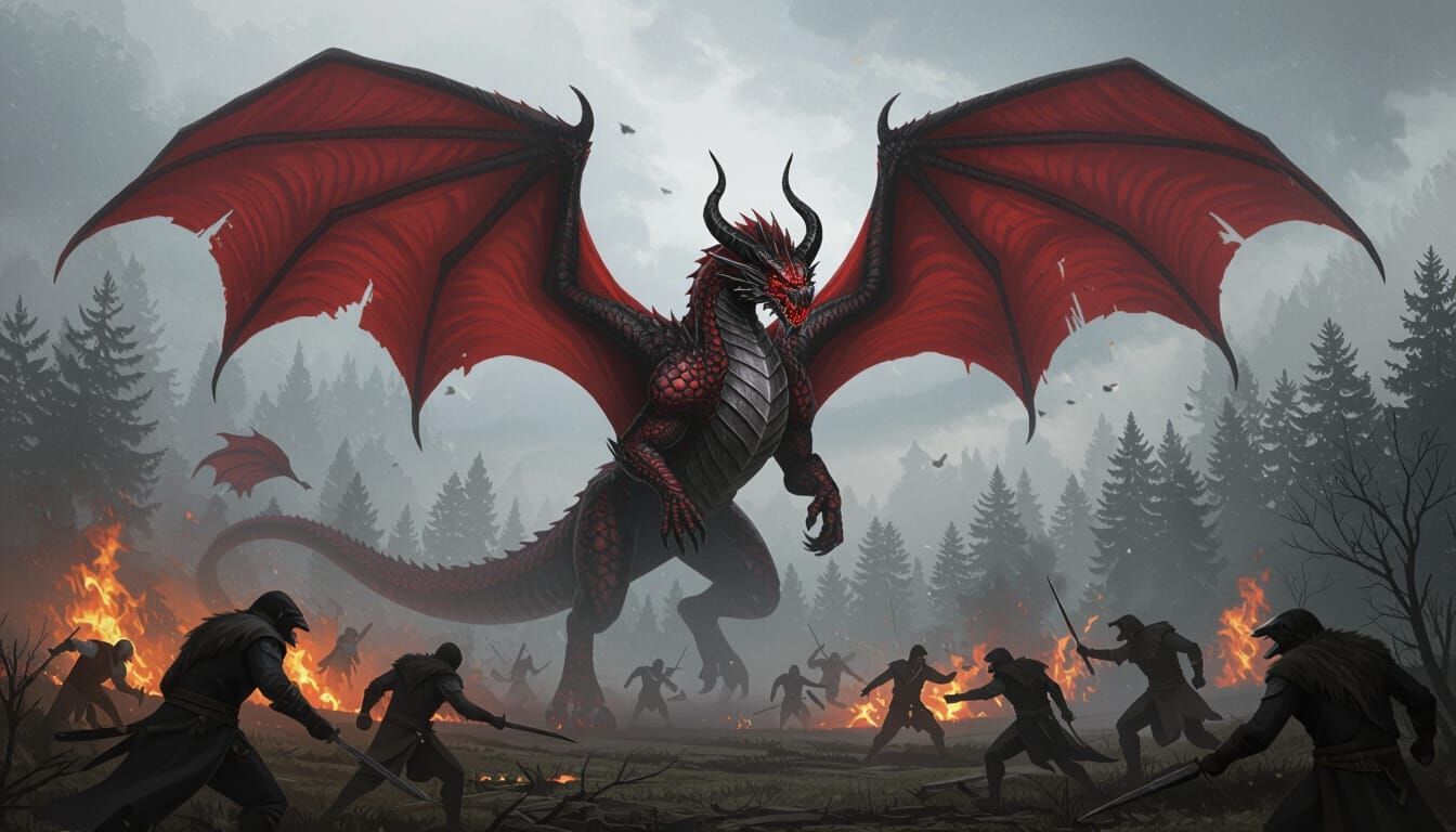 Crimson Dragon Battles Werewolves in Burning Forest