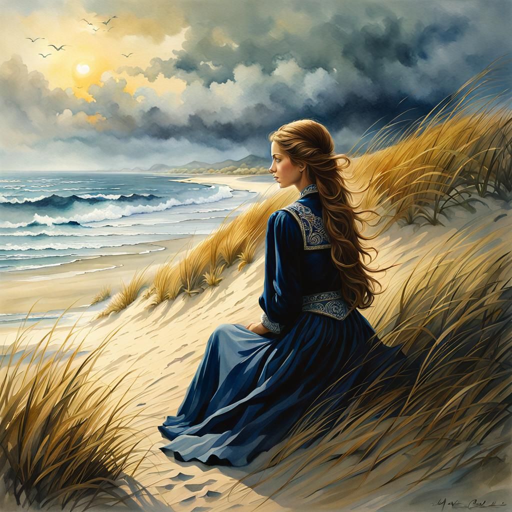 Girl on Beach Dissolving into Smoke, Watercolor